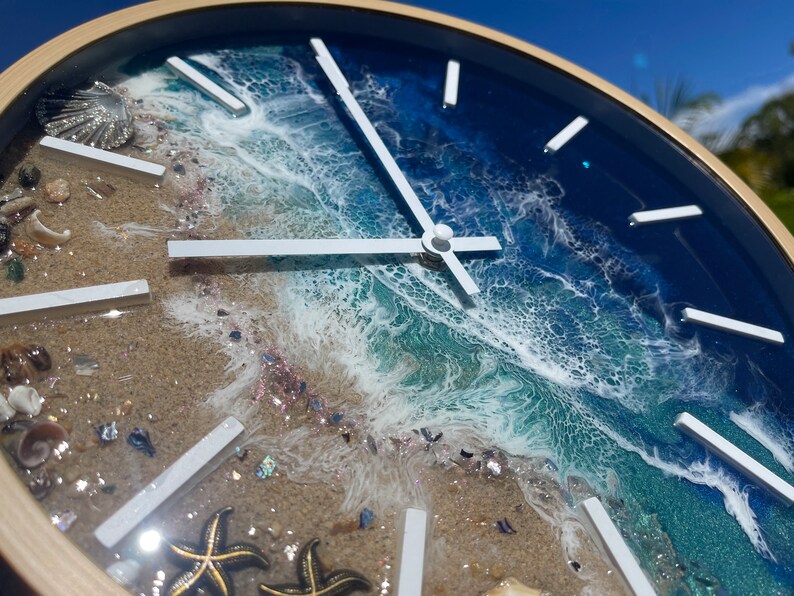 Resin Beach Theme Wall Clock wood Look, Ocean Theme Wall Clock, Wall