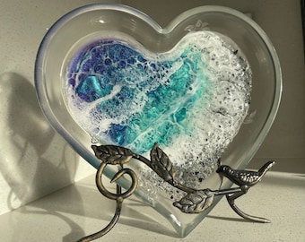 Ocean Theme Heart Ring Dish, Trinket Dish, Jewellery Dish, Home Decor, Bathroom Decor, Decorative Bowl, Resin Glass Art