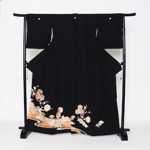 Silk Yuzen Tomesode Kimono, Kuro tomesode,Black tomesode, Japanese Kimono Robe, Kimono Dress, Antique Japanese Kimono, formal kimono,