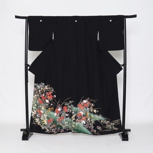 Silk Yuzen Tomesode Kimono, Kuro tomesode,Black tomesode, Japanese Kimono Robe, Kimono Dress, Antique Japanese Kimono, formal kimono,