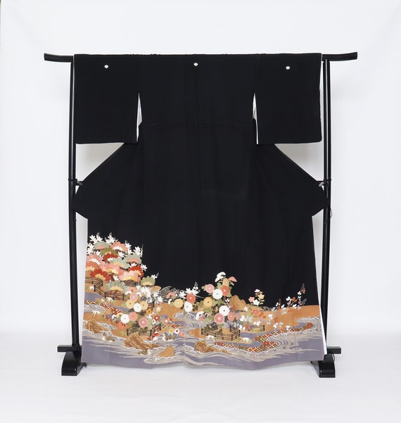 Silk Yuzen Tomesode Kimono, Kuro tomesode,Black t… - image 1