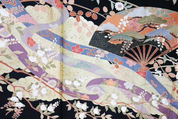 Silk Yuzen Tomesode Kimono, Kuro tomesode,Black t… - image 3