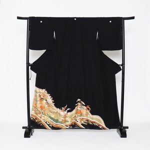 Silk Yuzen Tomesode Kimono, Kuro tomesode,Black tomesode, Japanese Kimono Robe, Kimono Dress, Antique Japanese Kimono, formal kimono,
