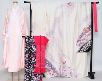 Furisode set (6items) Kimono / Furisode , Juban , Obi , Obi-jime , Obi-age , Kasane-eri / Japanese Kimono / silk / Kimono Dress /