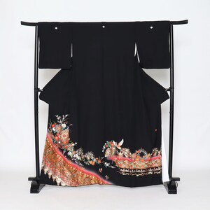 RARE! Yuzen Silk Tomesode Kimono, Kuro tomesode,Black tomesode, Japanese Kimono Robe, Kimono Dress, Antique Japanese Kimono, formal