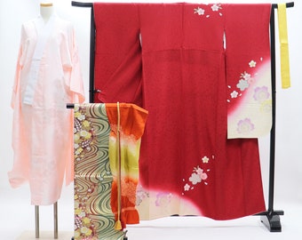 Furisode set (6items) Kimono / Furisode , Juban , Obi , Obi-jime , Obi-age , Kasane-eri / Japanese Kimono / silk / Kimono Dress /