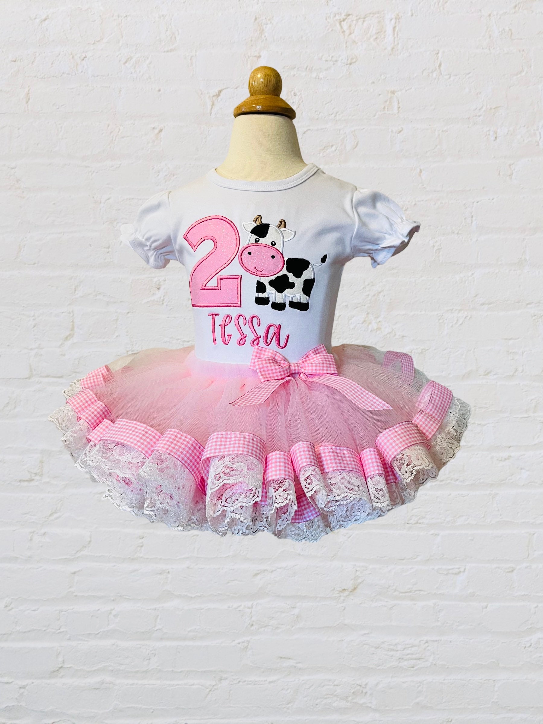 Farm Theme Tutu, Pink Gingham Tutu Set, First Birthday Outfit, Cow