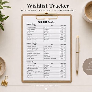 May include: A printable wishlist tracker document on a brown clipboard with a gold clip. The document features sections for Home, Garden, and Me, with columns for item, source, price, and a checkbox. It includes a pen, paper clips, and a coffee mug.