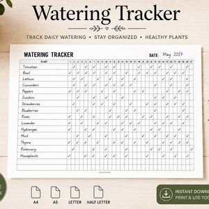 May include: A white paper watering tracker sheet with a grid layout for tracking daily plant care throughout May 2027. The document features columns for dates 1 through 31 and rows listing various plants like tomatoes, basil, and roses with checkmarks.