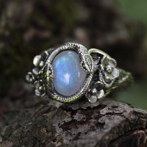 Snake & Bloom Ring – Moonstone Serpent Jewelry, Sterling Silver Nature Inspired Ring, Dark Garden Witch Aesthetic, Witchcore