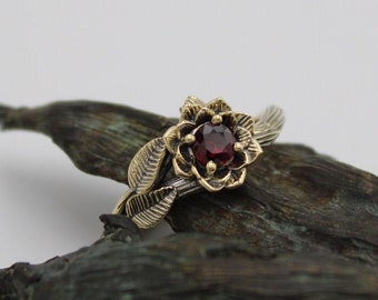 Sunset Petals, Ruby Gold Lotus Engagement Ring, 14k Gold Nature Inspired Ring, Unique Elven Ring, Lotus Ring, Nature Promise Ring