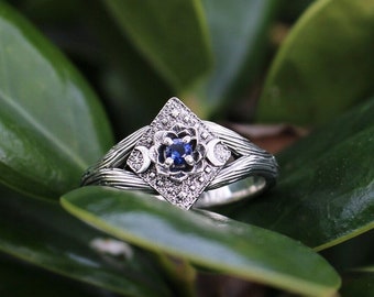 Lunar Bloom, Sapphire Lotus Engagement Ring, Sterling Silver Nature Inspired Ring, Unique Elven Ring, Lotus Ring, Nature Ring, Forest Ring