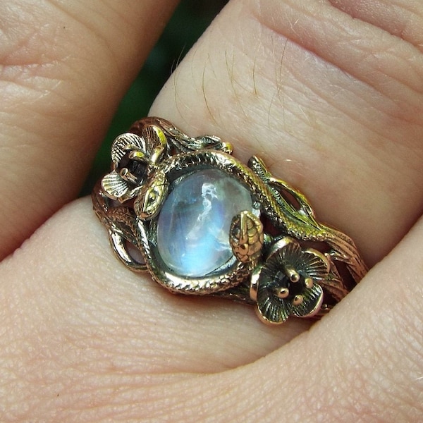 Golden Moonlight Garden Stroll, Nature inspired Snake ring, Gold Moonstone snake ring, Snake and flower nature ring, Unique engagement ring