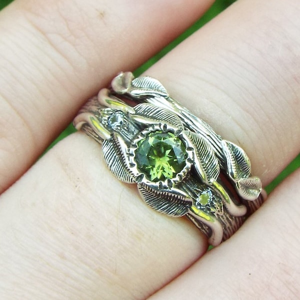 Love of the Trees Set, Peridot Nature Wedding Set, Sterling Silver Nature Inspired Leaf Ring, Witchy Wedding Set, Elven Engagement Ring Set