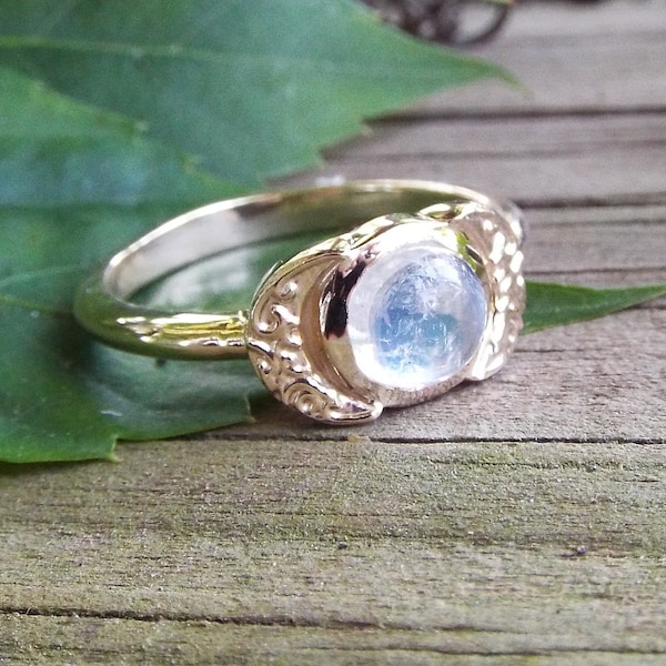 Moonstone Magic, moonstone engagement ring, lunar ring, moon ring, gold moonstone ring, Witchy ring, Wicca moon ring, three moon ring