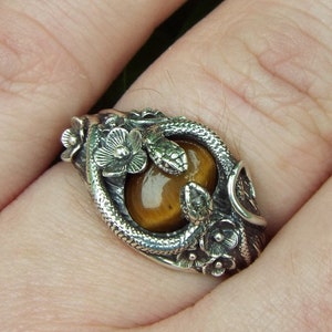 Tiger's Eye Sterling Silver Snake Ring: Floral Serpent Jewelry