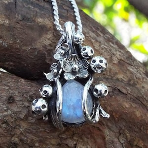 Magical Moonstone Mushroom and Flower Necklace - Handcrafted Sterling Silver Pendant for Nature Lovers - Earthy Vibes and Positive Energy