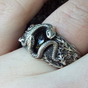 Serpents Of The Thorns, Thorn Snake ring, Sterling Silver Black Onyx snake ring, Snake and Thorn nature ring, Large Goth Serpent ring