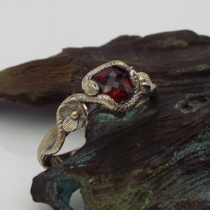 Serpent's Embrace - Cushion Cut Garnet Ring - Snake and Flower Engagement Ring - Solid 14k Gold Snake Ring - Nature Inspired Engagement