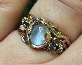 Golden Moonlight Garden Stroll, Nature inspired Snake ring, Gold Moonstone snake ring, Snake and flower nature ring, Unique engagement ring