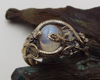 14k Gold Moonstone Snake Ring: Floral Fantasy Jewelry