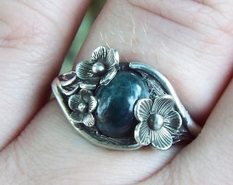 Moss Agate Sterling Silver Flower Ring: Elven Forest Jewelry