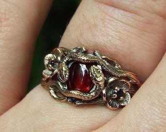 Golden Sunset Garden Stroll, Nature inspired Snake ring, 14k Gold Garnet snake ring, Snake and flower nature ring, Cottagcore Snake ring