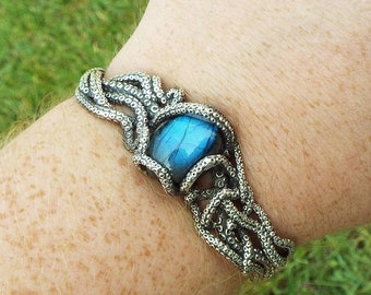 Oxidized Sterling Silver Labradorite Tentacle Bracelet: Handmade Ocean Jewelry