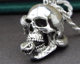 Lies of the Dead, Silver Skull Necklace, Snake Necklace, Goth Snake Pendant, Witchy Snake Necklace, Mini Skull Necklace, Death Eater Pendant