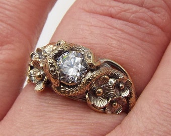 Moissanite Snake and Flower Ring, Nature Inspired Ring, Magical Garden Ring, 14k Gold Moissanite Snake Ring, Cottagecore Engagement Ring