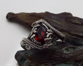 Teardrop Garnet Snake Ring, Nature Inspired Ring, Magical Garden Ring, Sterling Silver Teardrop Garnet Snake Ring, Cottagecore Engagement