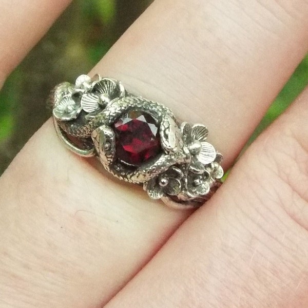 Garnet Snake and Flower Ring, Nature Inspired Ring, Magical Garden Ring, Sterling Silver Garnet Snake Ring, Cottagecore Engagement Ring