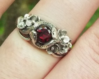 Garnet Snake and Flower Ring, Nature Inspired Ring, Magical Garden Ring, Sterling Silver Garnet Snake Ring, Cottagecore Engagement Ring