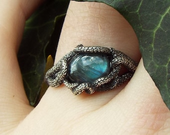 Oxidized Sterling Silver Kraken Ring: Labradorite Tentacle Ring