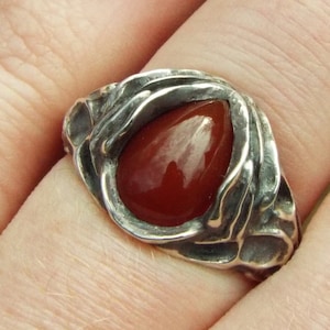 Teardrop Of The Ancients, Large Carnelian Ring, Unique Goth Red Ring, Sterling Silver Dark Academia Ring, Freeform Sterling Silver Ring,