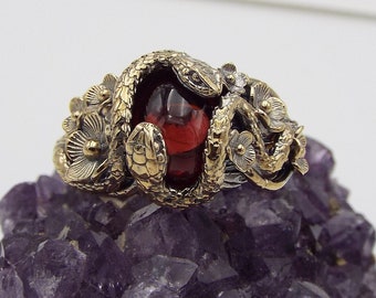 Golden Garden Stroll, Nature inspired Snake ring, 14k gold garnet snake ring, Snake and flower nature ring, Cottagecore engagement ring