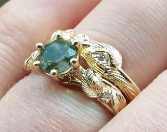 Moss Agate Bridal Set, 14k Gold Nature Inspired Ring, Unique Elven Leaf Engagement Set, Vine Rings, Fantasy Forest Ring, Nature Bridal Set