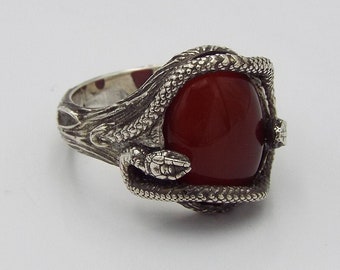 Large Red Carnelian Silver Snake Theme Ring, Branch Texture Snake Ring, Large Statement Snake Ring, Gothic Snake Ring, Dark Fantasy Jewelry