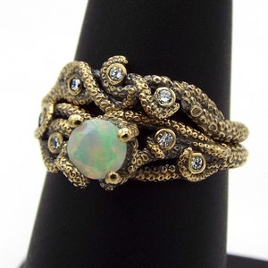 Opal And Diamond Fantasy Engagement ring set in 14k gold, Opal Bridal Set, Alternative engagement ring set, Goth Opal Engagement ring set