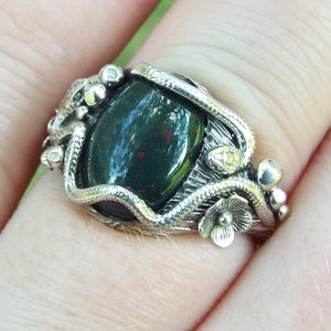 Bloodstone Snake Ring, Nature inspired Serpent ring, Toadstool ring, Silver Snake ring, Nature Statement ring, Mushroom Bloodstone Goth ring