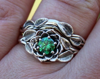 Radiant Bloom Set, Sterling Silver Green CZ Lotus Ring, Green CZ Flower Ring, Nature Inspired Jewelry, Sterling Silver Lotus Set