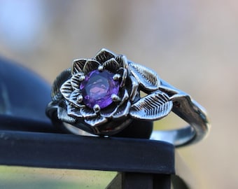 Radiant Bloom, Sterling Silver Amethyst Lotus Ring, Amethyst Flower Ring, Nature Inspired Jewelry, Sterling Silver Lotus Ring