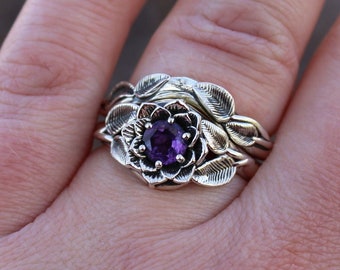 Radiant Bloom Set, Sterling Silver Amethyst Lotus Ring, Amethyst Flower Ring, Nature Inspired Jewelry, Sterling Silver Lotus Bridal Set