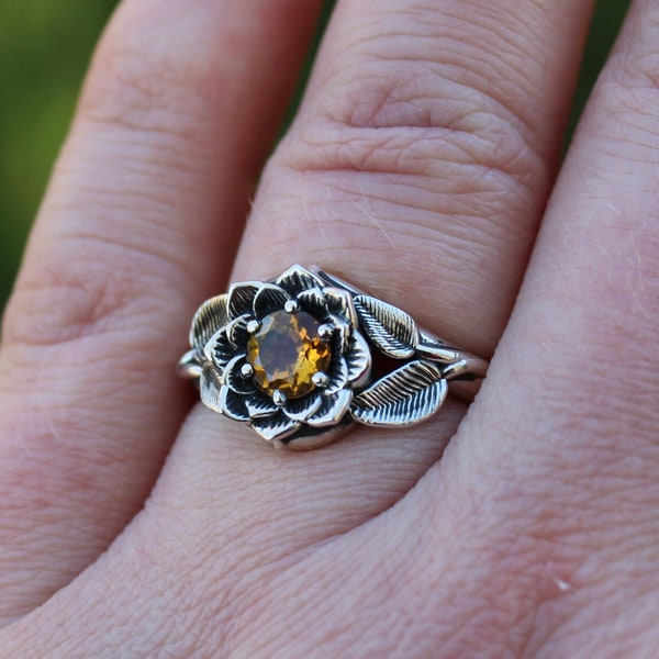 Stralende bloei, Sterling zilveren Citrien Lotus ring, Citrien bloem ring, natuur geïnspireerde sieraden, Sterling zilveren Lotus ring