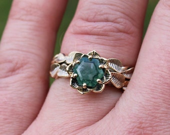 Moss Agate Lotus Bridal Set, 14k Gold Nature Inspired Ring, Unique Elven Leaf Engagement Set, Lotus Rings, Forest Ring, Nature Bridal Set