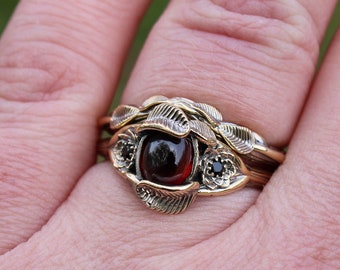 Lotus Leaf Dance Set, Garnet Lotus Bridal Set, 14k Gold Nature Inspired Ring, Elven Fantasy Engagement, Lotus Rings, Goth Nature Bridal Set