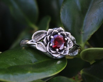 Radiant Bloom, Sterling Silver Garnet Lotus Ring, Garnet Flower Ring, Nature Inspired Jewelry, Sterling Silver Lotus Ring