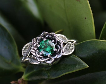 Radiant Bloom, Sterling Silver Green CZ Lotus Ring, Nature Inspired Jewelry, Sterling Silver Lotus Ring, Dark Nature Ring