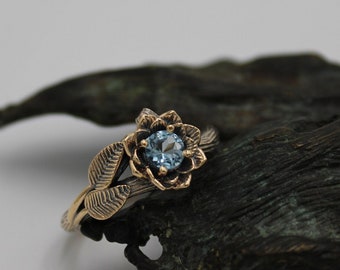 Sea of Petals, Aquamarine Gold Lotus Engagement Ring, 14k Gold Nature Inspired Ring, Elven Statement Ring, Lotus Ring, Nature Promise Ring