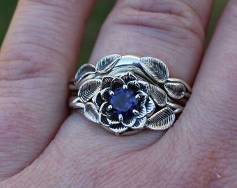 Radiant Bloom Set, Sterling Silver Iolite Lotus Ring, Iolite Flower Ring, Nature Inspired Jewelry, Sterling Silver Lotus Bridal Set